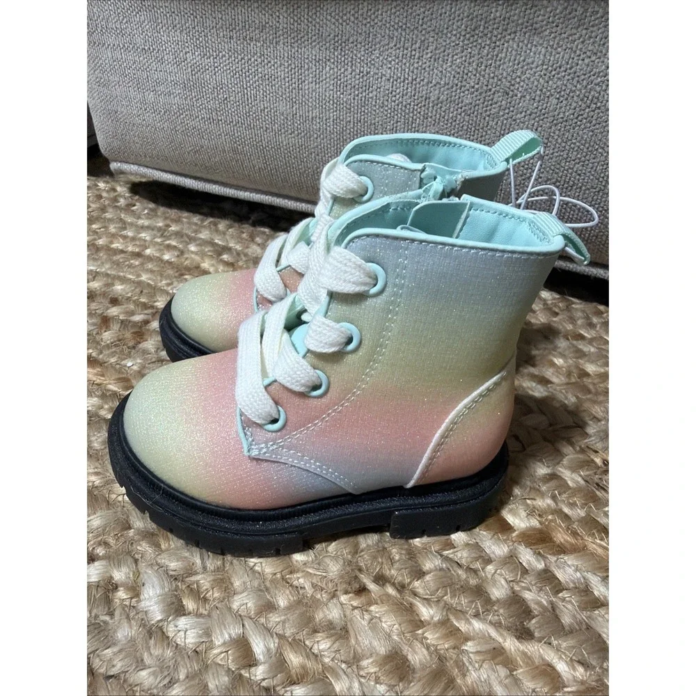 Cat & Jack Amaya Girls Size 6 Spring Combat Boots Pastel Shimmer Glitter New